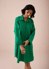 A Model Wearing Green Poplin The Forest Everyday Classic Organic Cotton Shirt Dress, curated by Only Ethikal